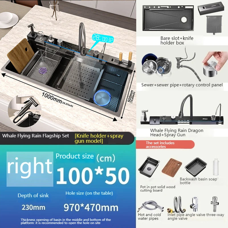 Stainless Steel New Waterfall Kitchen Sink Digital Display Dishwashing Sinks With Draining Rack Embossed Extra Large Single Slot