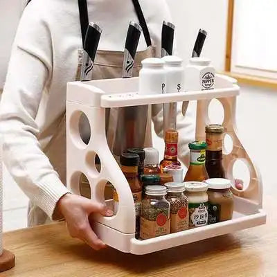 2026 Kitchen floor shelf double-layer kitchen utensils knife rack seasoning rack multi-function storage organizer