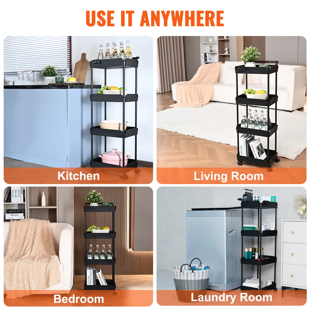 VEVOR 4-Tier Rolling Utility Cart Kitchen Organizer Shelves with Wheels Storage Trolley for Office Living Room Clearance Sale