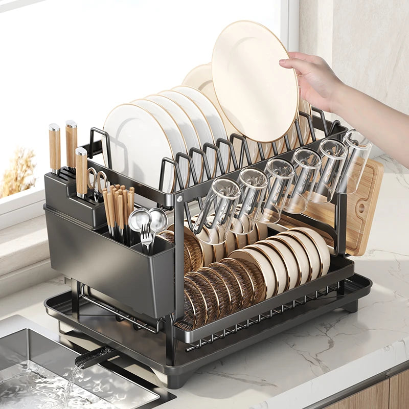 Self-drainage kitchen storage shelf for dishes and bowls, multifunctional foldable bowl and chopsticks storage, countertop drain