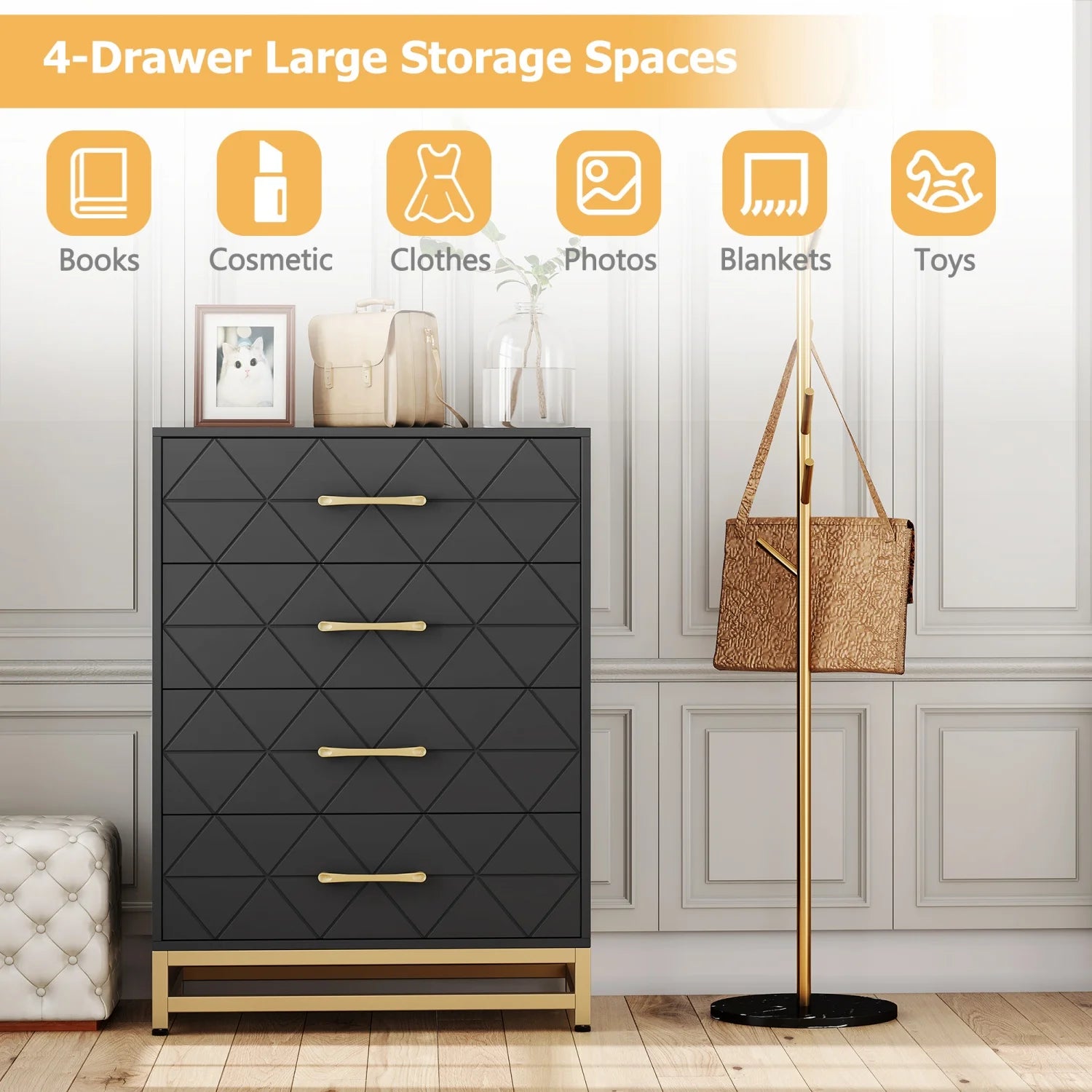 Wooden Dresser for Bedroom, Dressers & Chest of Drawers with 4 Drawer, Wood nightstand for Storage and Organization