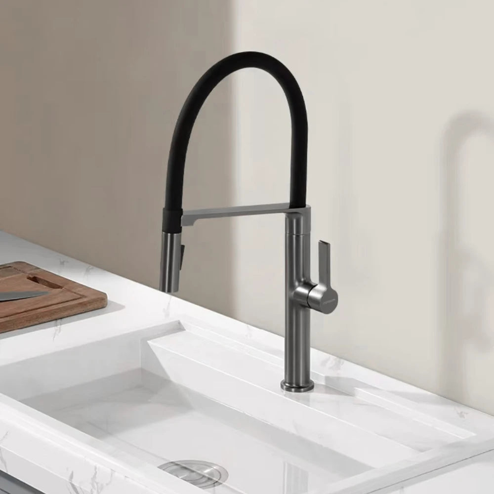 Gunmetal Rubber Kitchen Faucet Mixer Rotation Pull Down Stream Sprayer Taps Hot And Cold Water Single Hole Single Handle Faucet