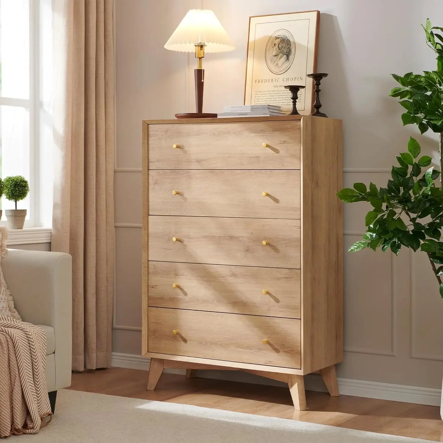 5 Drawer Dresser for Bedroom, 48" Tall Mid-Century Modern Chest of Drawers, Beveled Profile Design, Wood Drawer Organizer