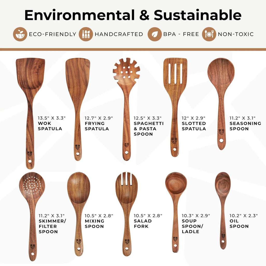 Natural Teak Wooden Kitchen Utensil Set - Comfort Grip Cooking Spoons and Utensils Holder