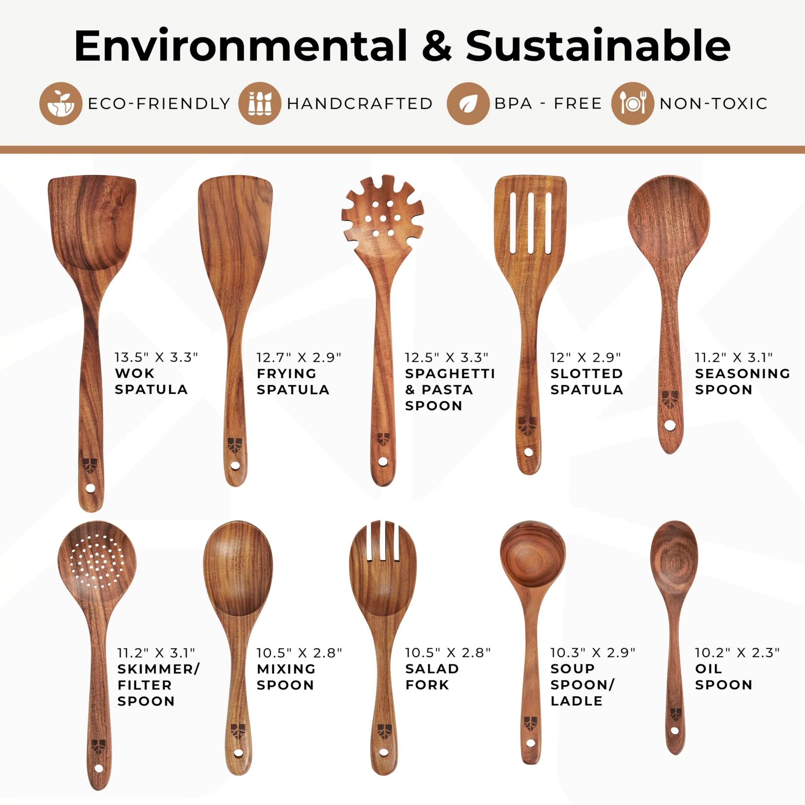 Natural Teak Wooden Kitchen Utensil Set - Comfort Grip Cooking Spoons and Utensils Holder