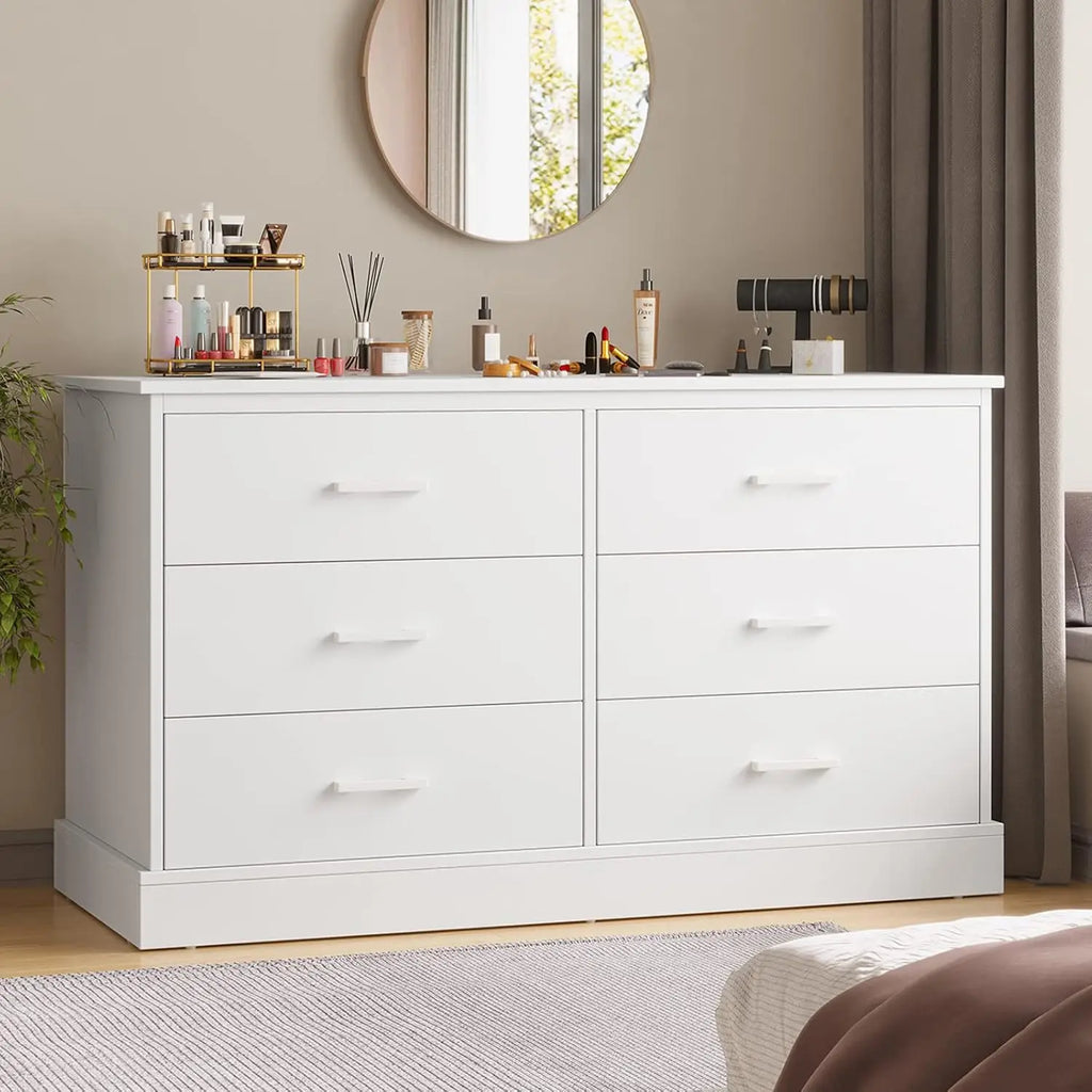 Black 6 Drawer Double Dresser for Bedroom, Wood Storage Tower Clothes Organizer, Wide Chest of 6 Drawers, Large Storage Cabinet
