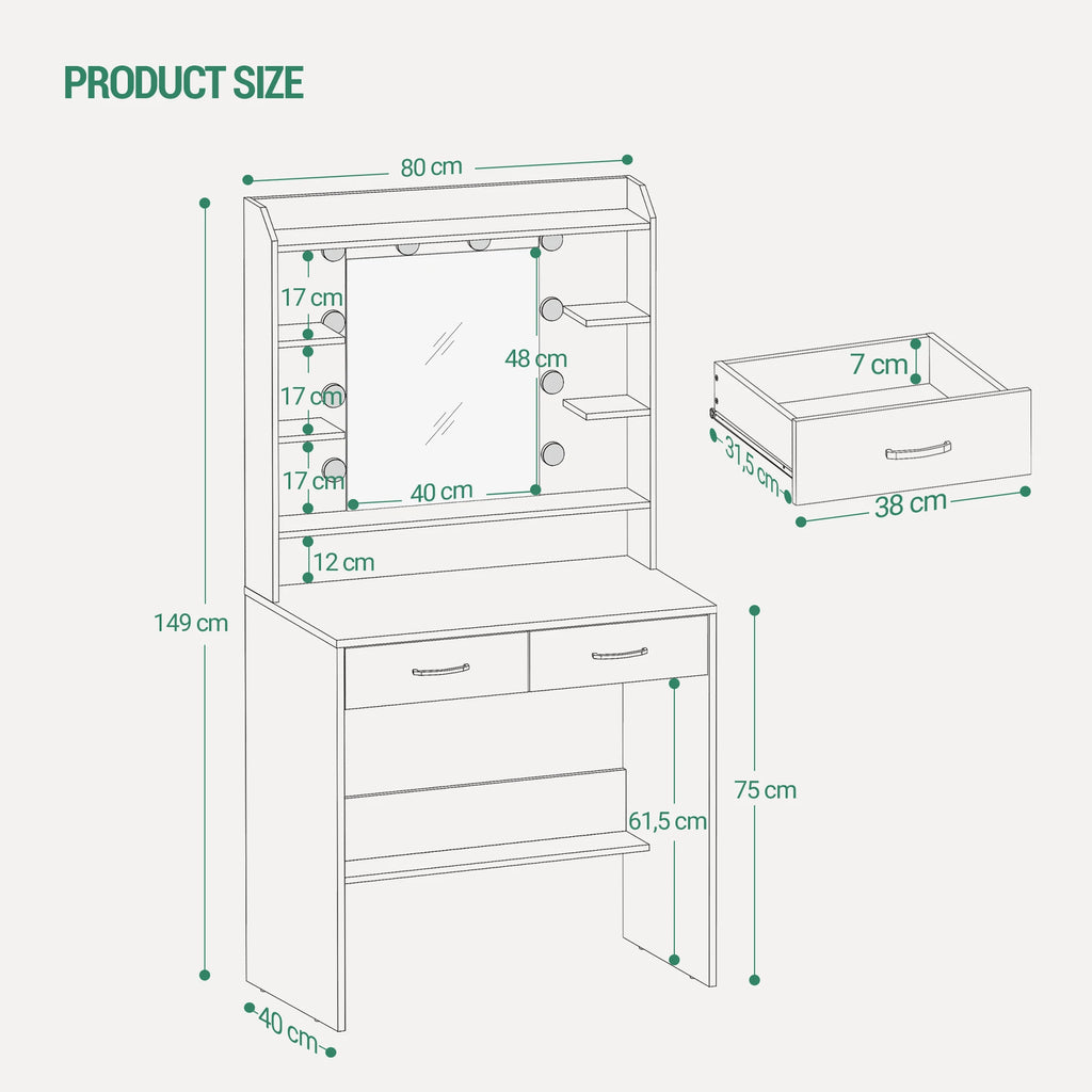 Dressing Table with Mirror, Dressing Table with Shelves and 2 Drawers, for Bedroom, Living Room, Adjustable Brightness, 40 x 80