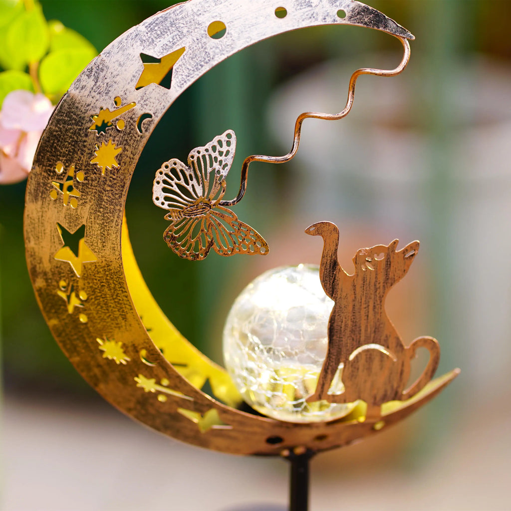 1PC Cat Moon Solar Lamp Outdoor, Iron Solar-Powered Garden Light with Auto On/Off, Waterproof for Yard/Patio Decor
