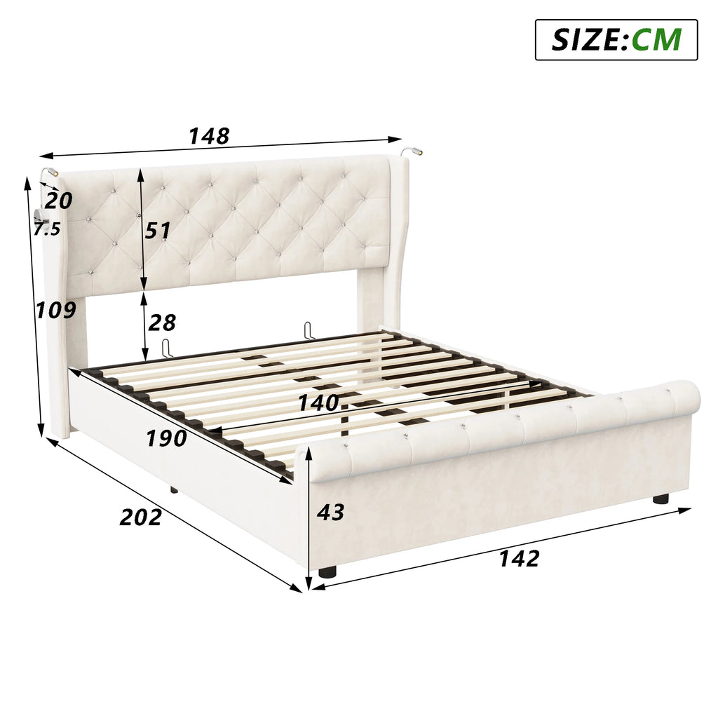Double bed, 140x190 cm, equipped with LED strip and USB port, with a hydraulic storage chest, velvet fabric