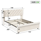 Double bed, 140x190 cm, equipped with LED strip and USB port, with a hydraulic storage chest, velvet fabric