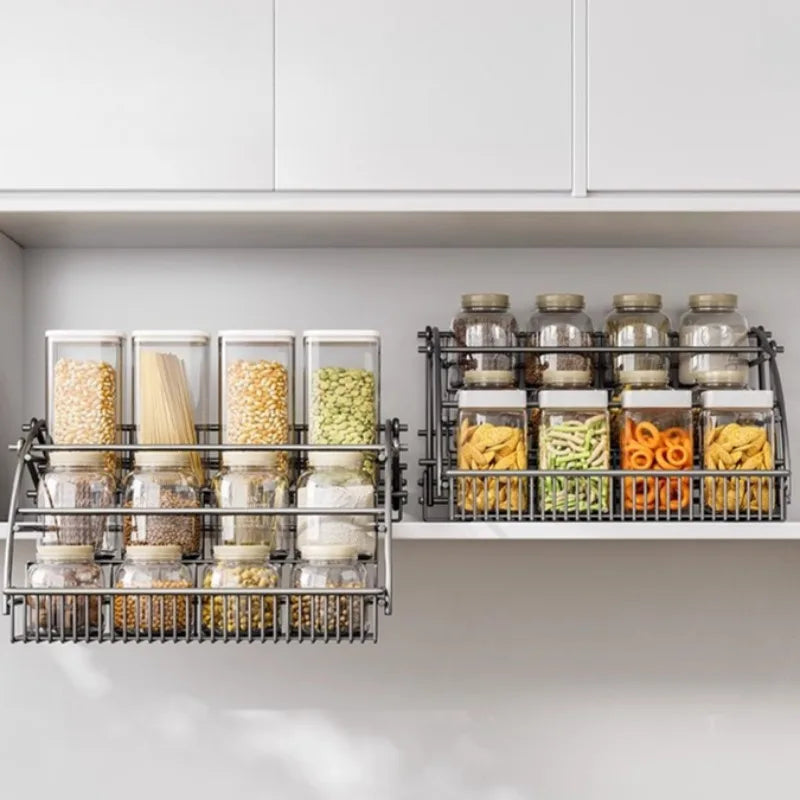 Kitchen Storage Rack Pull-Down Hanging Basket Under-Cabinet Spice Drawer Overhead Telescoping Seasoning Shelf for Small Kitchens