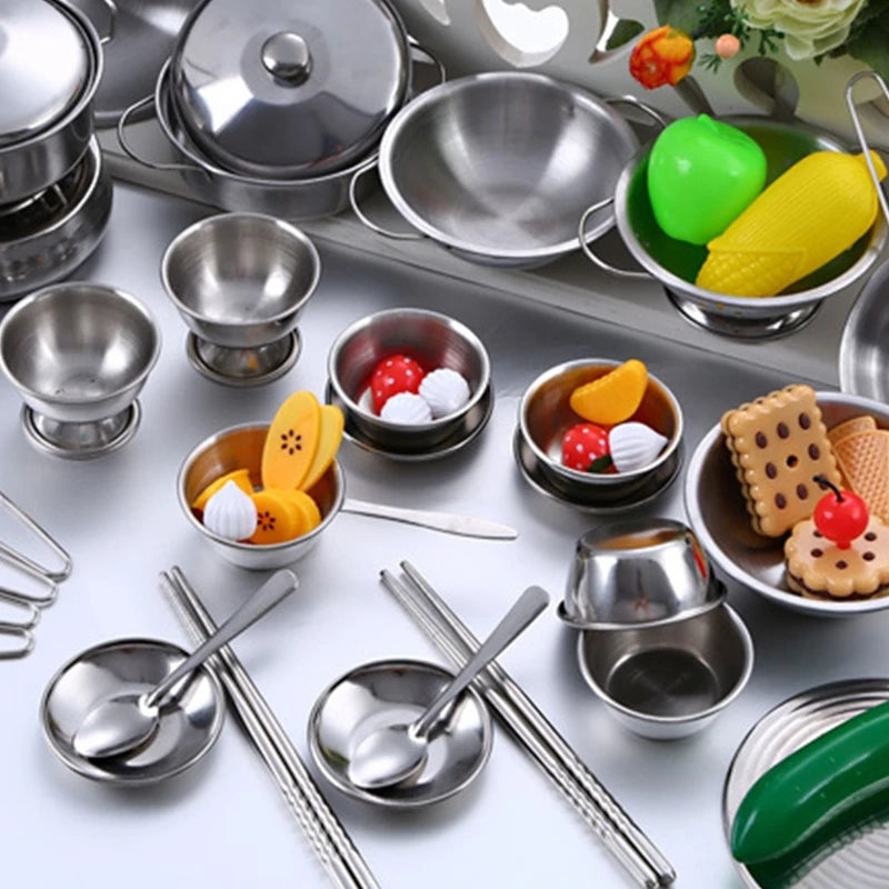 25Pcs Children Stainless Steel Pretend Play Food Kitchen Cookware Set Toy Mini Cooking Game Pot  Shovel Tinplate Kid Kitchen Toy