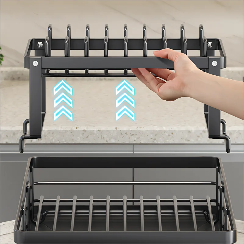 Multifunctional Kitchen Dish Drying Rack Adjustable Over Sink Plate Organizer with Removable Drainboard