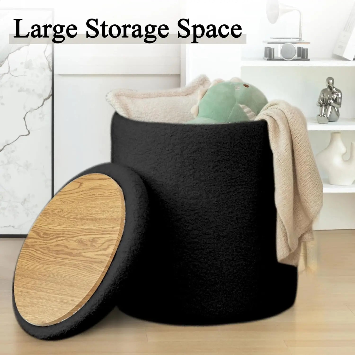 Round Ottoman With Storage Set Of 2, Small Vanity Stool With Storage As Vanity Chair, Sherpa Black Ottoman Foot Rest For Small