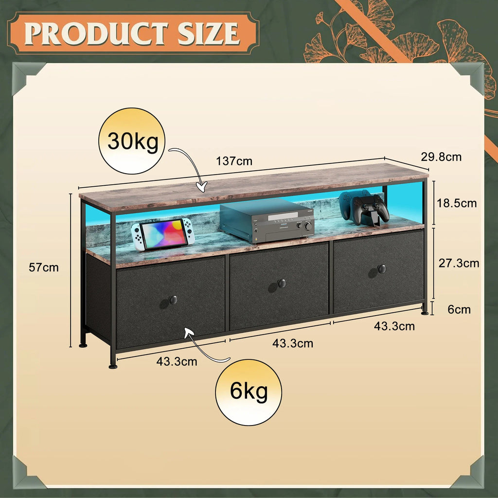Anajqaqia TV Cabinet, LED Colour Changing TV Cabinet with 3 Drawers, TV Table, with Open Storage Space for Living Room, Bedroom