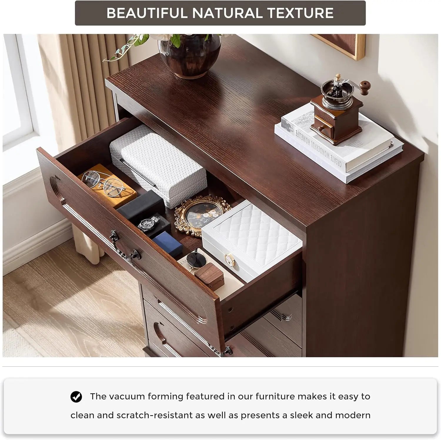 5 Drawer Dresser for Bedroom Farmhouse Cherry Wood Chest of Drawers for Bedroom Dresser, Rustic Wide Drawers Dressers