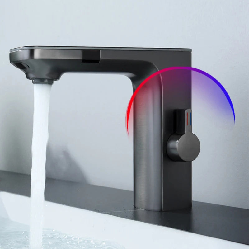 Gun Grey Smart Sensor Basin Faucet Digital Display Screen Hot Cold Water Mixer Tap Vanity Touchless Faucet For Bathroom Basin