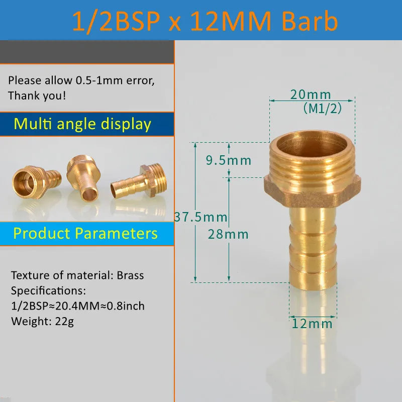 Brass Pipe Fitting 6/8/10/12/14/16mm Hose Barb Tail 1/8" 3/8" 1/4" BSP Male Connector Joint Copper Coupler Adapter