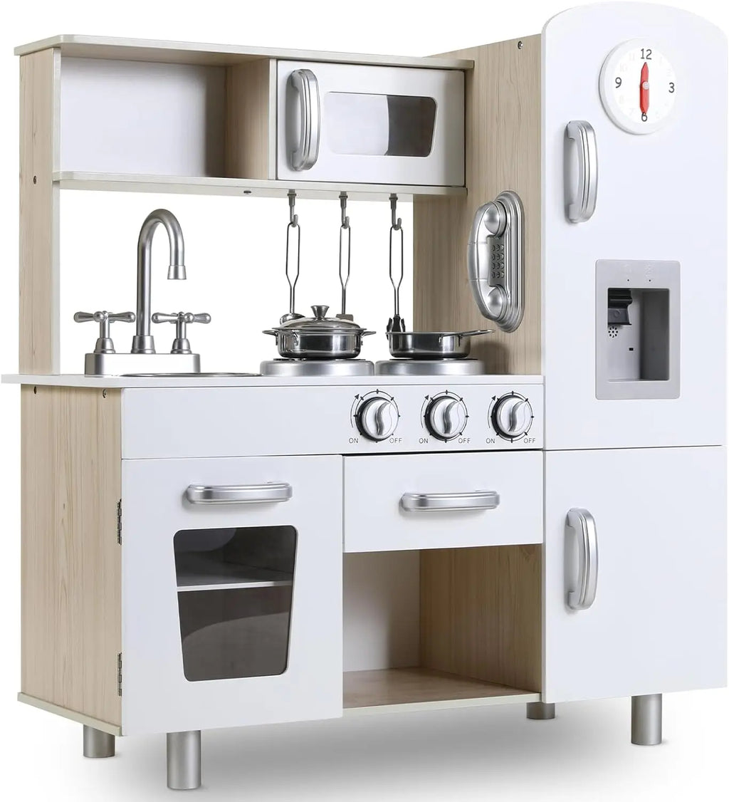 Kids Wooden Pretend Cooking Kitchen Playset with Cabinets for Toddler