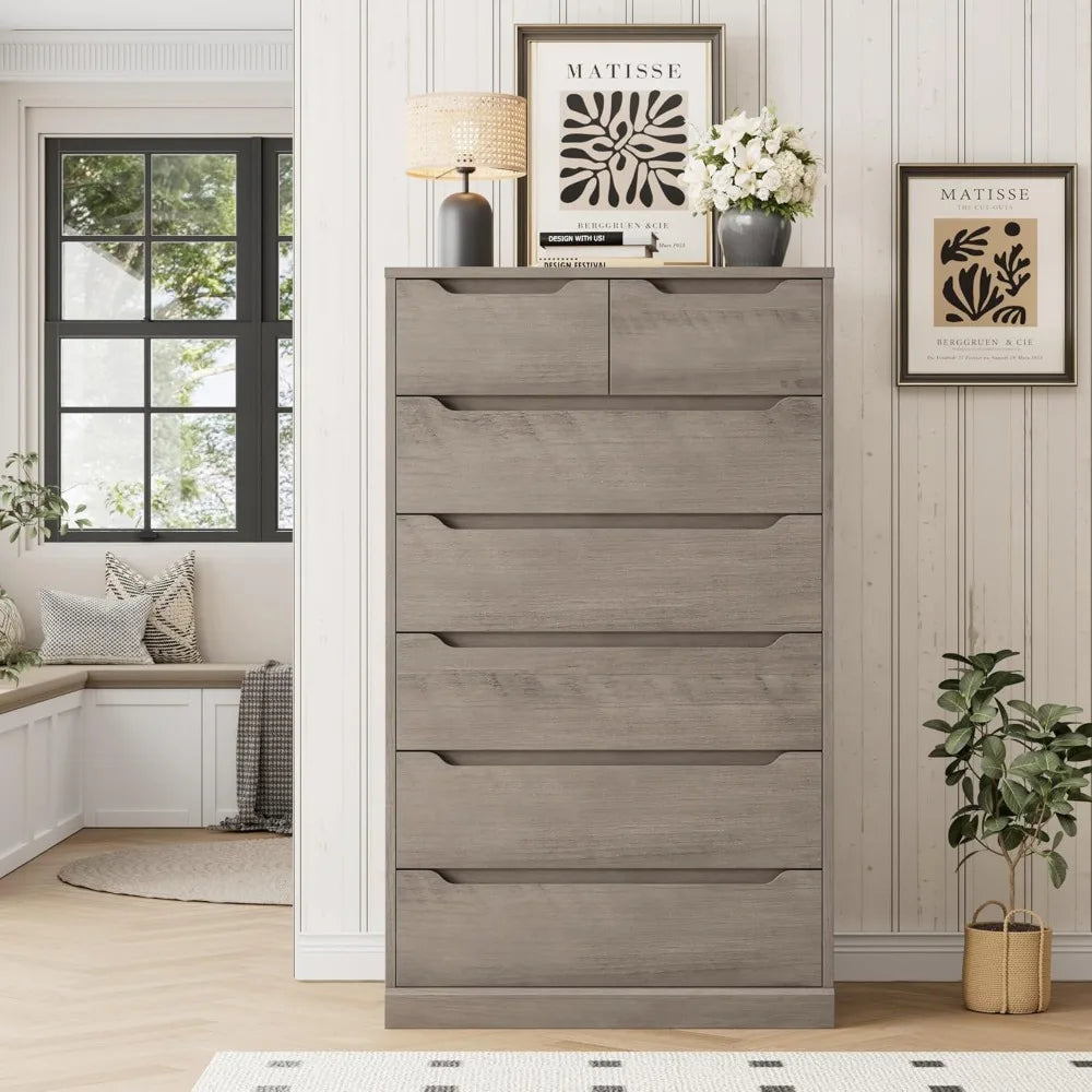 51" Tall 7 Drawers Dresser, Modern Grey Dresser, Wood Dressers & Chests of Drawers with Cut-Out Handles, Upright Drawer Chest,