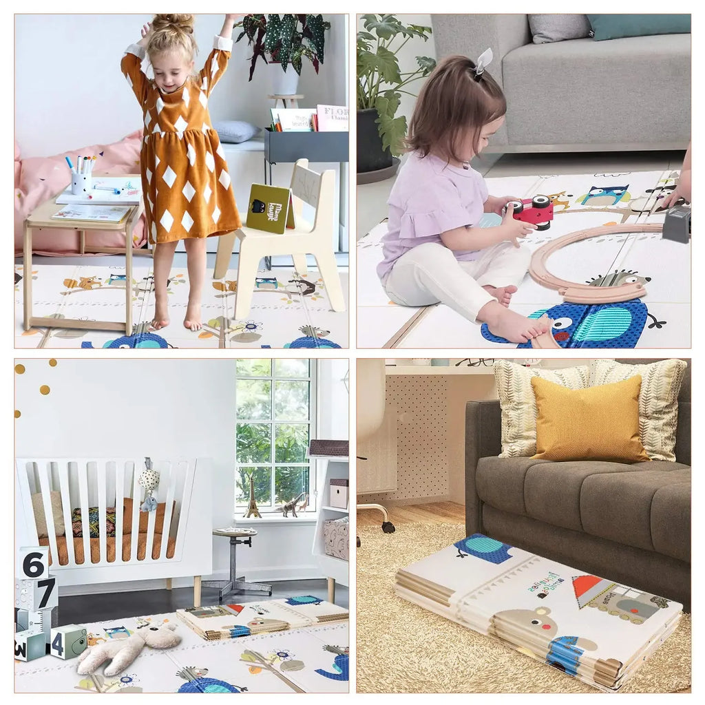 Play Mat Baby Crawling Mat Children Foldable XPE Foam Non-slip Double-sided for Indoor Outdoor 180x160x1cm Treehouse/Giraffe