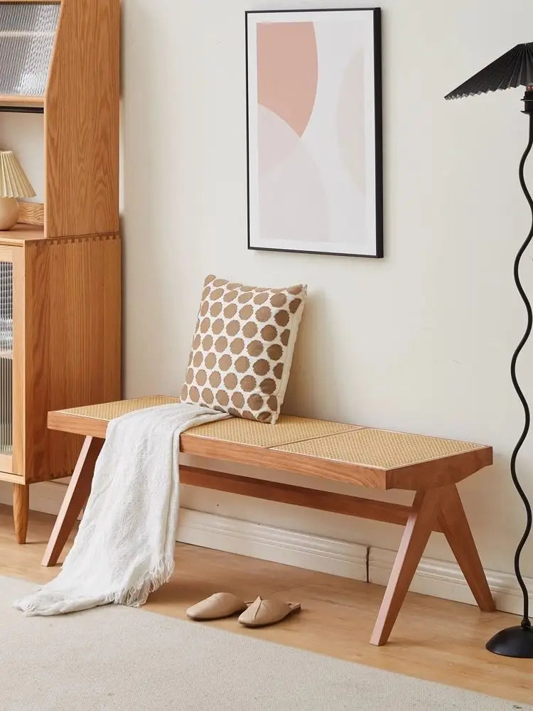 Handmade Rattan Bench with Wabi - Sabi Flair: Solid Wood, Multifunctional for Home & Shoe Storage