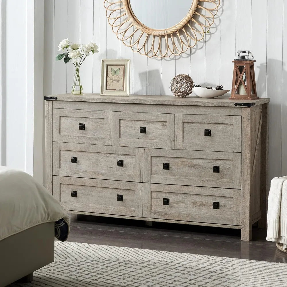 Farmhouse 7 Drawers Tv Stand, Wood Rustic, Storage Dressers Organizer for Bedroom, Living Room,Hallway, Light Rustic Oak