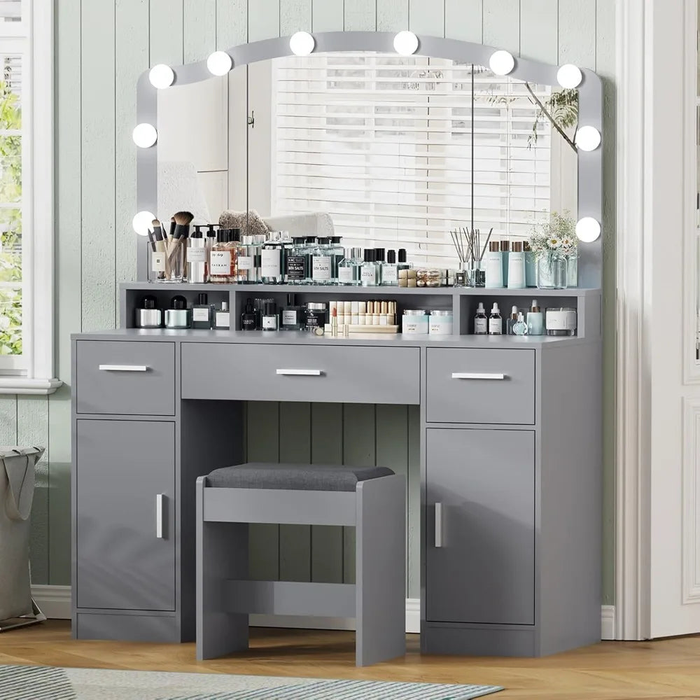 Large Vanity with Mirror and Light,Gray Dressing Table Set with 3 Drawers, 2 Cabinets and 10 LED Bulbs Dresser with Stool for W