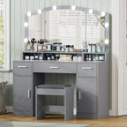 Large Vanity with Mirror and Light,Gray Dressing Table Set with 3 Drawers, 2 Cabinets and 10 LED Bulbs Dresser with Stool for W