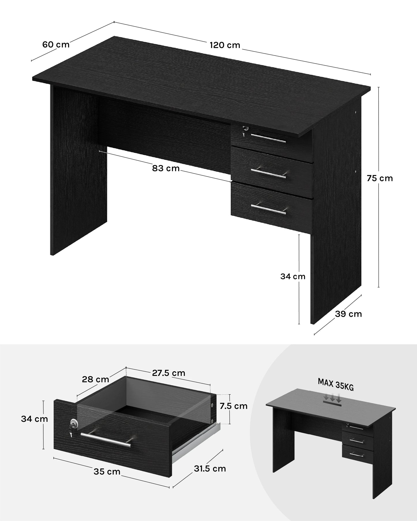 WOLTU Computer Desk PC Laptop Table Office Desk with 3 Drawers and Lock Black/ White Chipboard Table for Bedroom Living Room