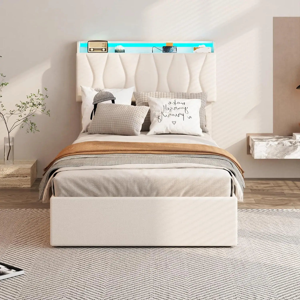 Vabches Lift Up Twin Size Bed Frame with Storage Headboard Upholstered Platform Bed Frame w Charging Station&LED Light Bedroom