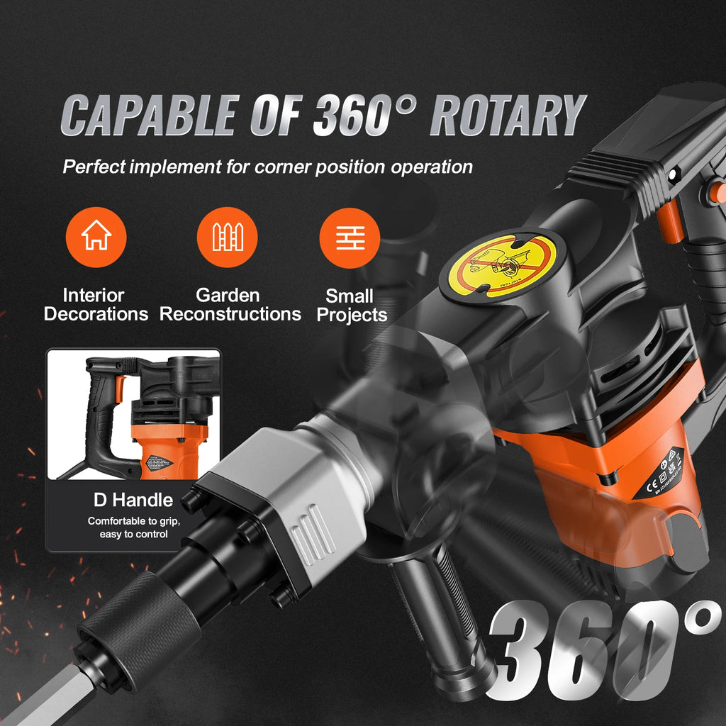SucceBuy 1400 W Demolition Jack Hammer Electric Jackhammer Heavy Duty 2900 BPM Concrete Breaker 2 pcs Chisels Bits Chipping