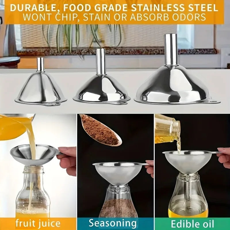 3 Styles Kitchen Funnels Set Stainless Steel Small Funnels Wide Mouth Jar Funnel Food-Grade Silicone Funnel Kitchen Accessories