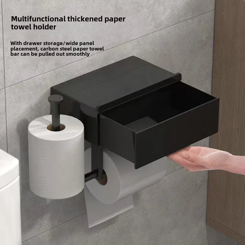1pc Sleek Black Wall - Mounted Toilet Paper Holder with Shelf - No - Drill, Durable Bathroom Organizer for Essentials