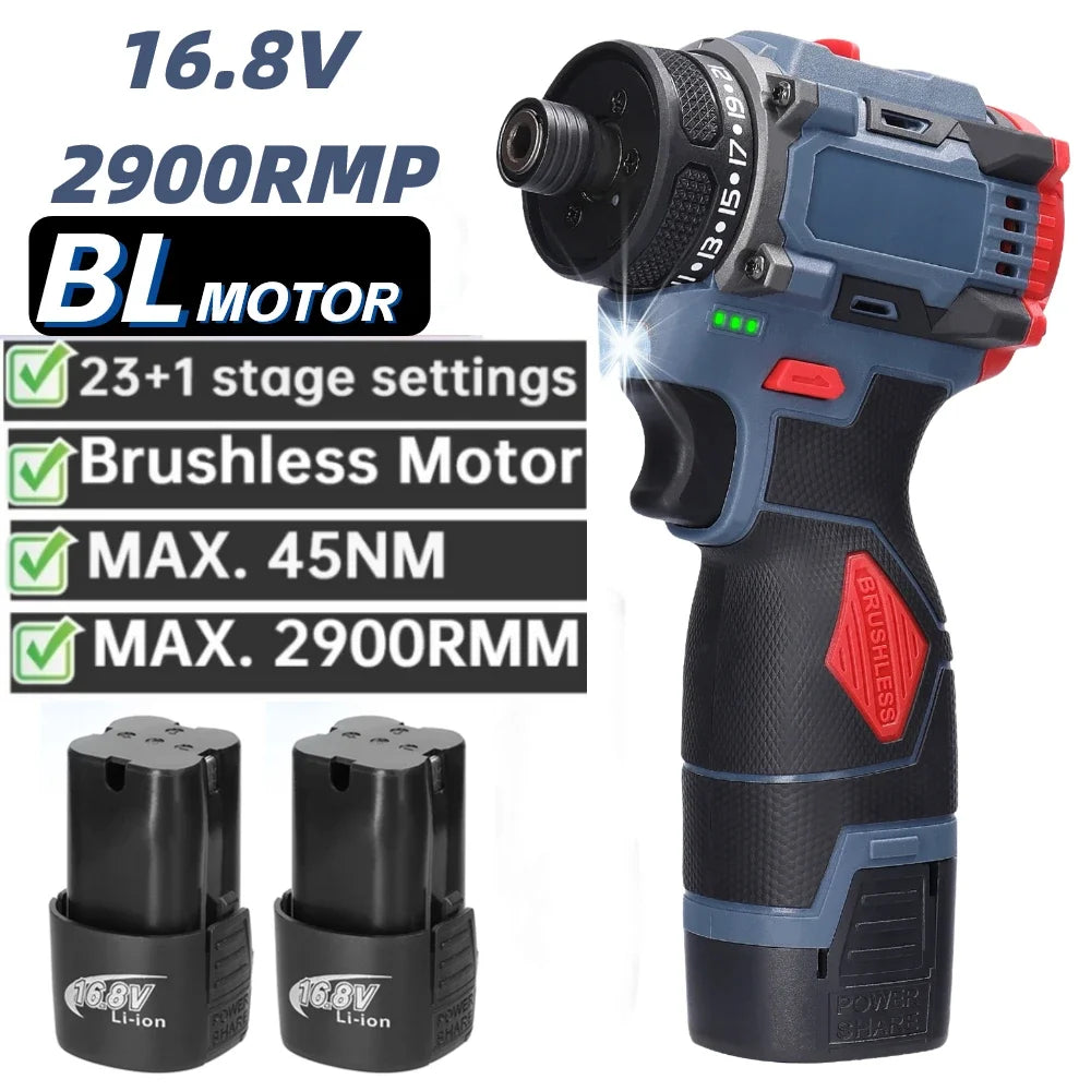 16.8V Brushless Screwdriver Lithium Electric Drill Rechargeable Hand Drill Screwdriver Electric Tool Torque Drill Repairing Kit