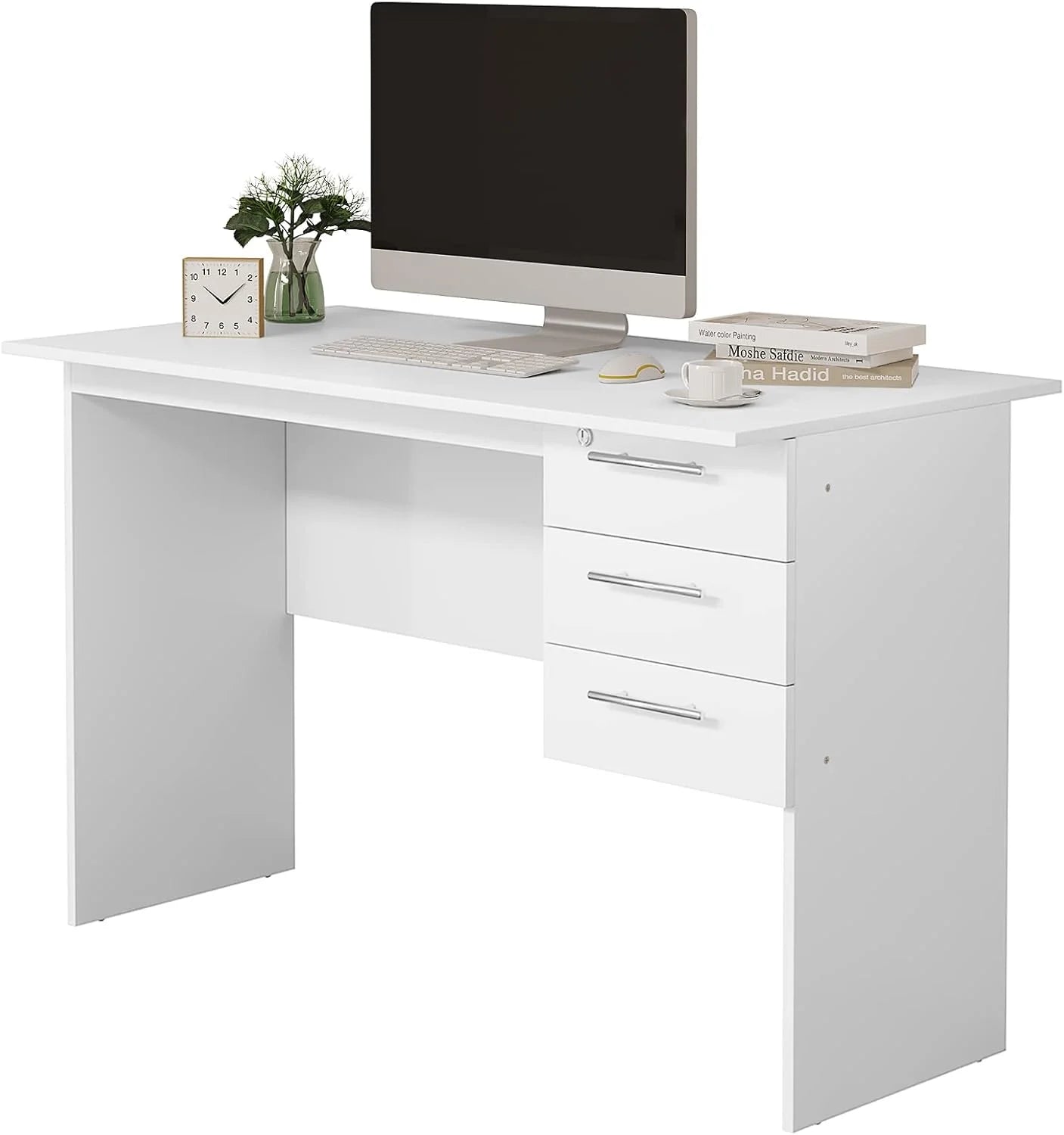 WOLTU Computer Desk PC Laptop Table Office Desk with 3 Drawers and Lock Black/ White Chipboard Table for Bedroom Living Room