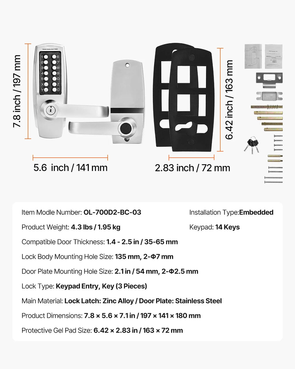 VEVOR Mechanical Keyless Entry Door Lock 14 Key Mechanical Door Lock Key Mechanical Keypad Door Lock Handle Stainless Steel Lock