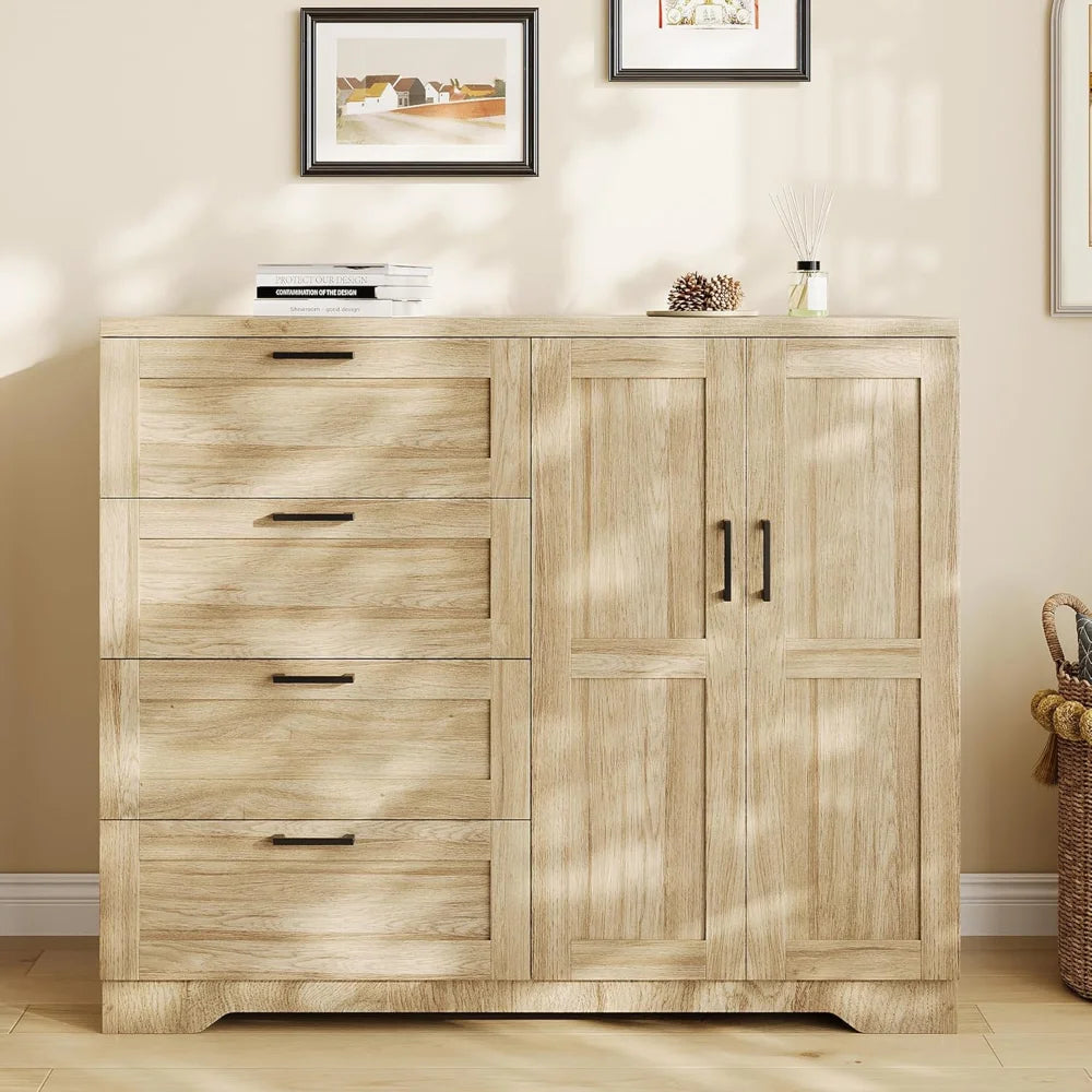 Multifunctional Wooden Dresser for Bedroom, 43.3'' H 2 Door Wardrobe Armoire Closet with 4 Drawers and Hanging Rod