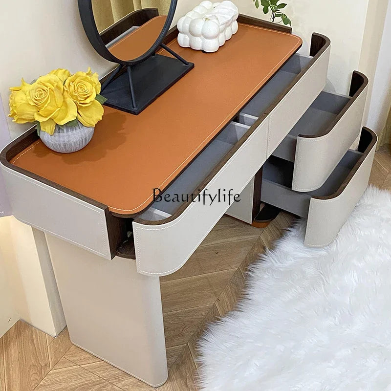 ls 42Italian minimalist solid wood saddle leather retractable dresser makeup table