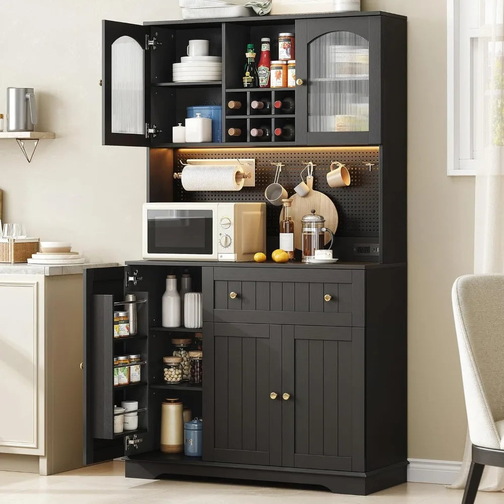 71" Kitchen Pantry Cabinet with Microwave Shelf & Door Shelves, Kitchen Hutch with Outlet & LED Light, Wood Pantry Storage