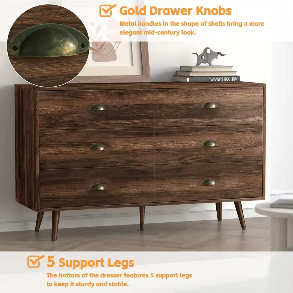 Dresser for Bedroom with 6 Drawers, Mid Century Modern Dresser with Gold Handles, Wooden Dressers & Chest of Drawers Organizer