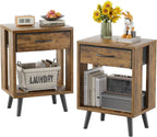 Nightstand Set of 2 with Fabric Drawers and Open Shelves - Rustic Bedroom Side Tables