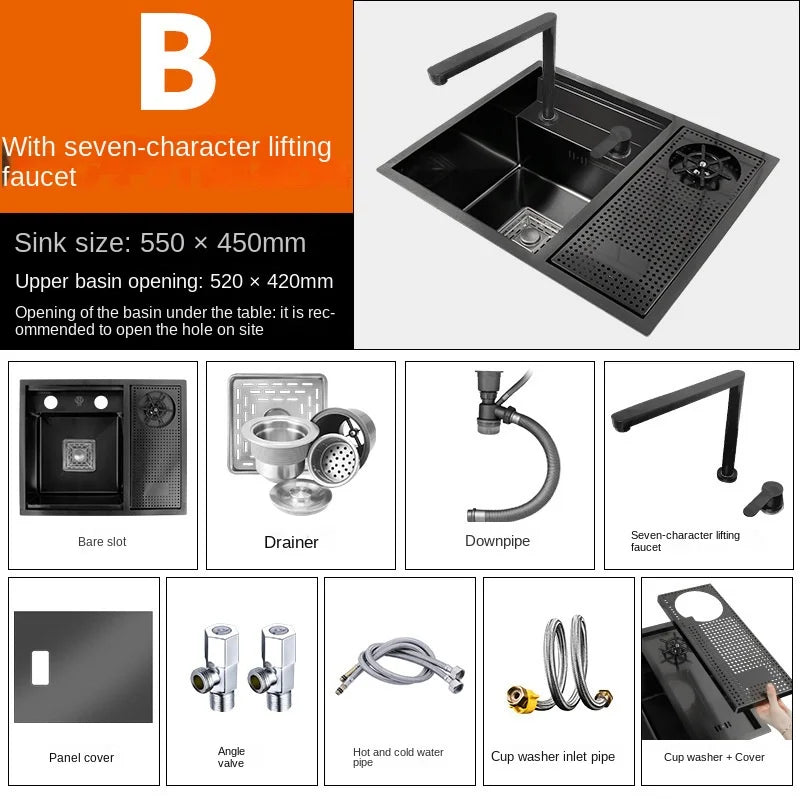 55CMX45CM Kitchen Sink Nano 304 Stainless Steel Vegetable Wash Basin Single Sink Wash Basin Sink Adjustable Folding Faucet