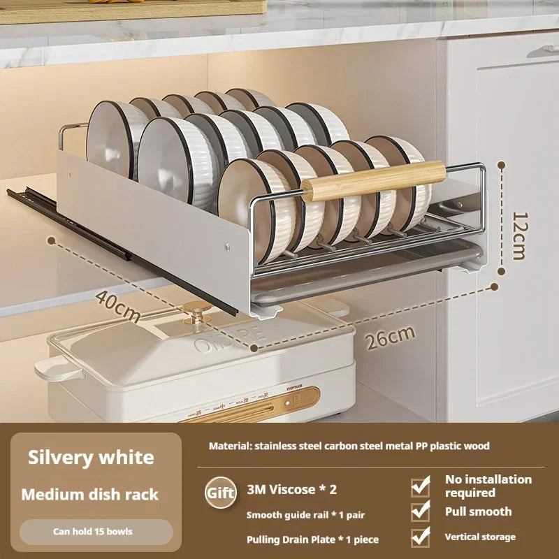 ZEXEF Kitchen Pull-Out Bowl and Dish Rack Cabinet Storage Rack Household Tableware Bowl and Dish Partition Drawer Storage