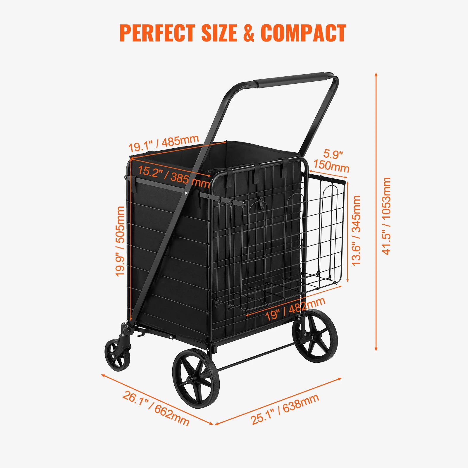 VEVOR Folding Shopping Cart with Removable Waterproof Liner 106/330LBS Large Capacity 360° Swivel Wheels Dense Metal Mesh Base
