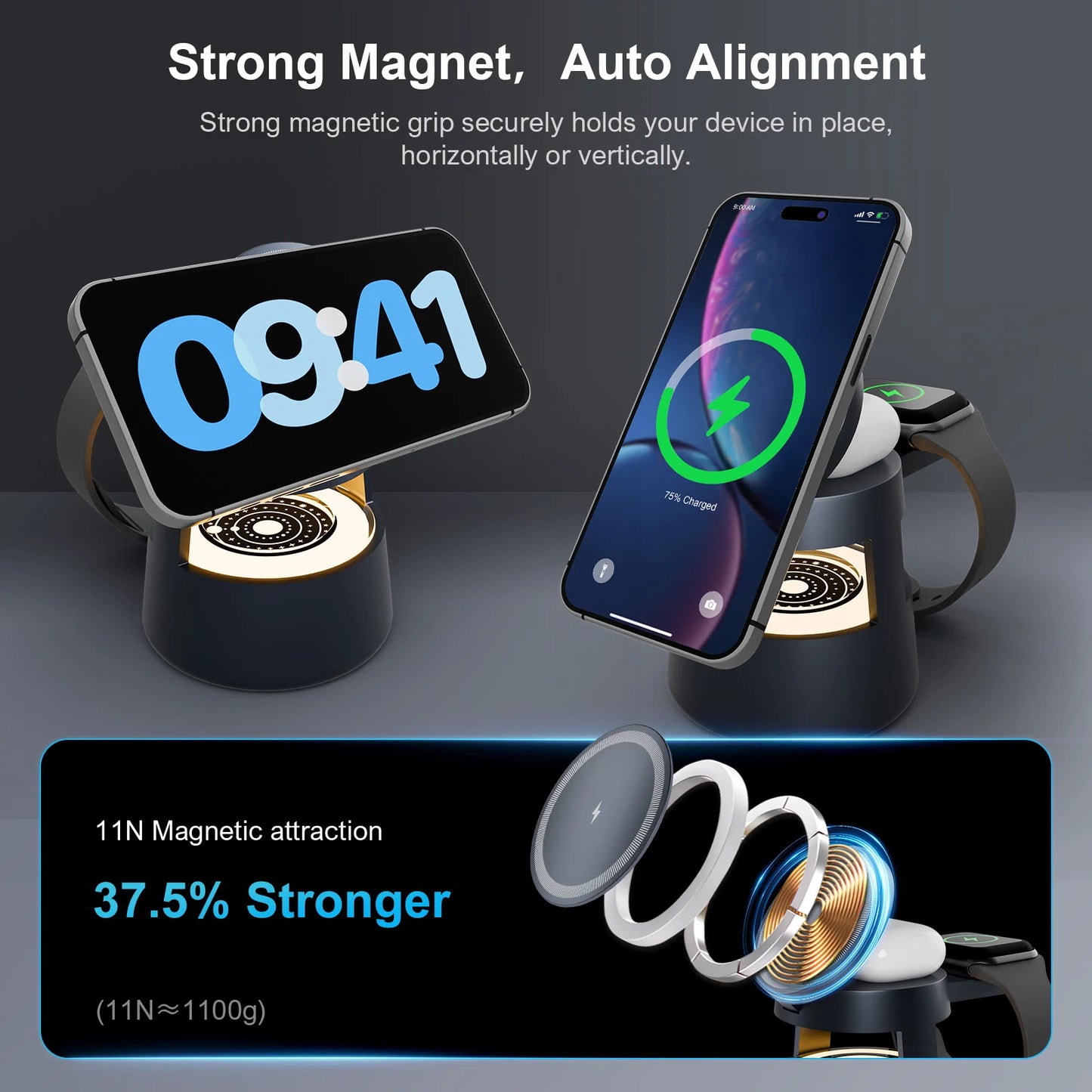 4-in-1 Magnetic Wireless Charging Station - 15W Fast Charger with Foldable Night Light for iPhone, Apple Watch & AirPods | AlluCanFind