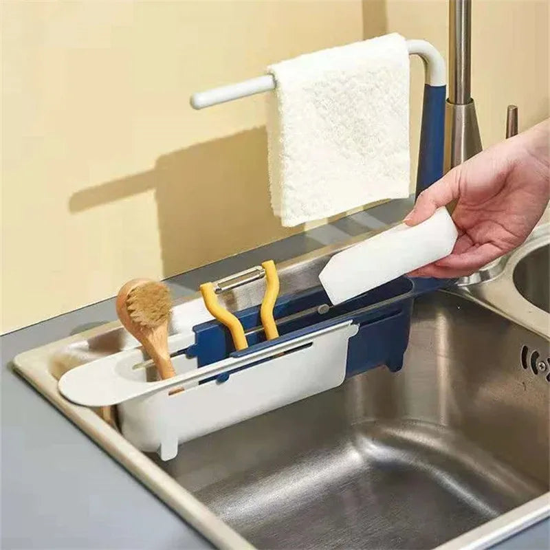 Kitchen Telescopic Sink Organizer Rack Telescopic Faucet Organizer for Soap Towel Sponge Storage Adjustable Shelf Storage Rack
