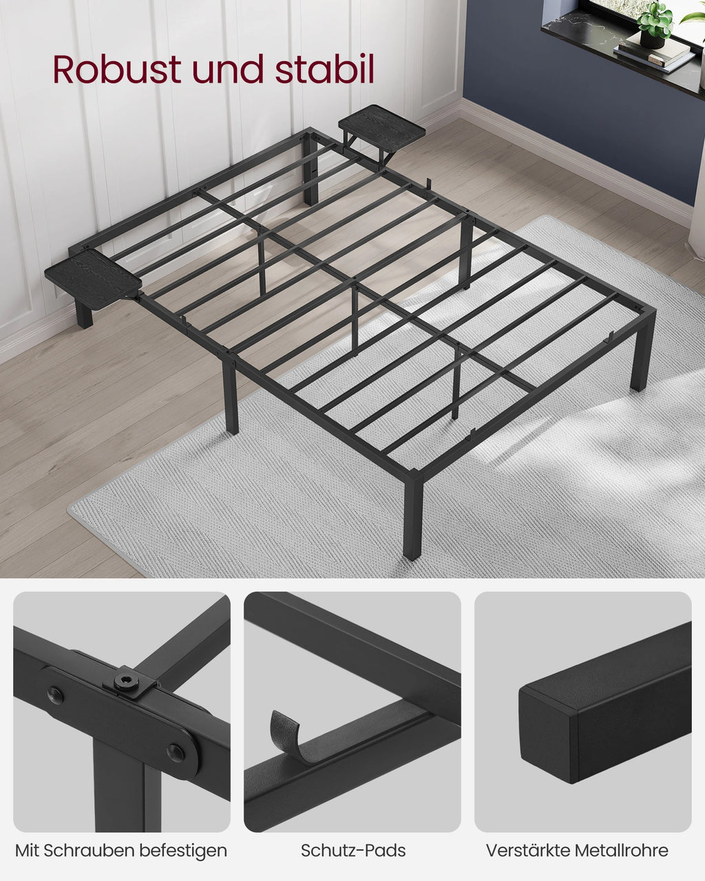 VASAGLE Double bed frame, bed frame, metal bed frame, with storage shelves, guest bed