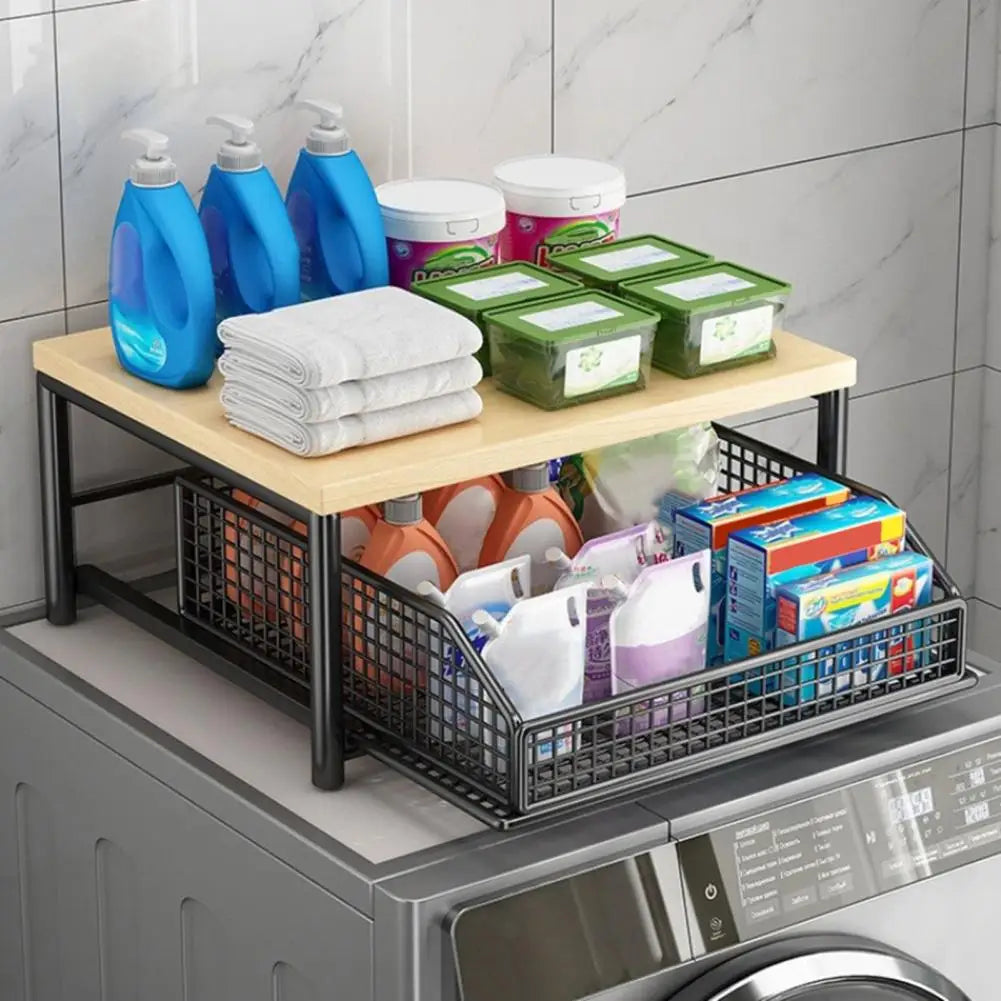 Hardwood Shelf Organizer Kitchen Storage Rack Kitchen Countertop Organizer with Drawer Wire Basket Double-tier for Coffee