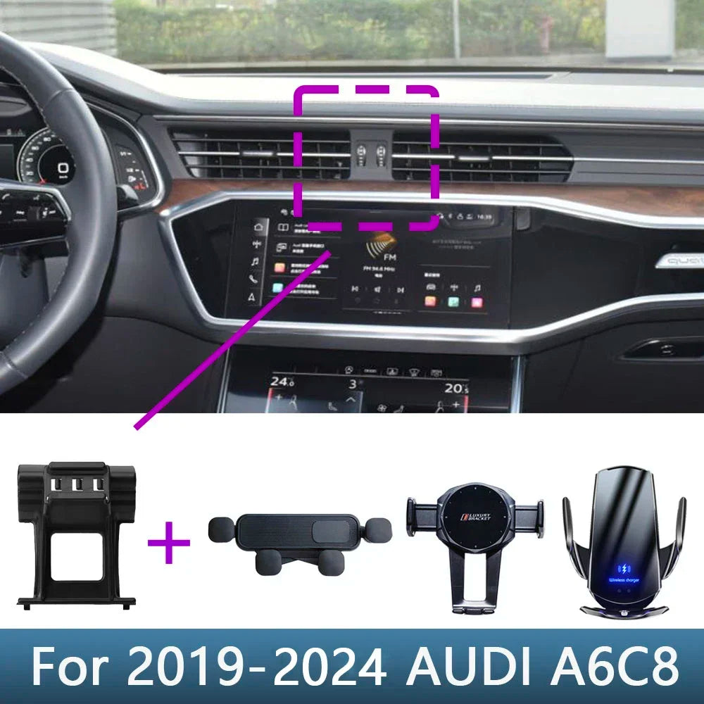 Car Phone Holder For AUDI A6 C8 A7 2019 2020 2021 2022 2023 2024 Special Fixed Bracket Base Wireless Charging Accessories